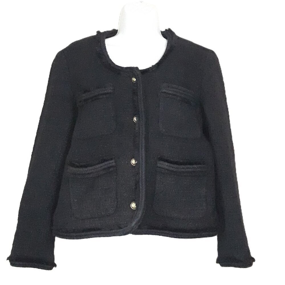 J. Crew Black Fringed Braided Wool Blend Tweed Lady Jacket 12 Minimalist Classic